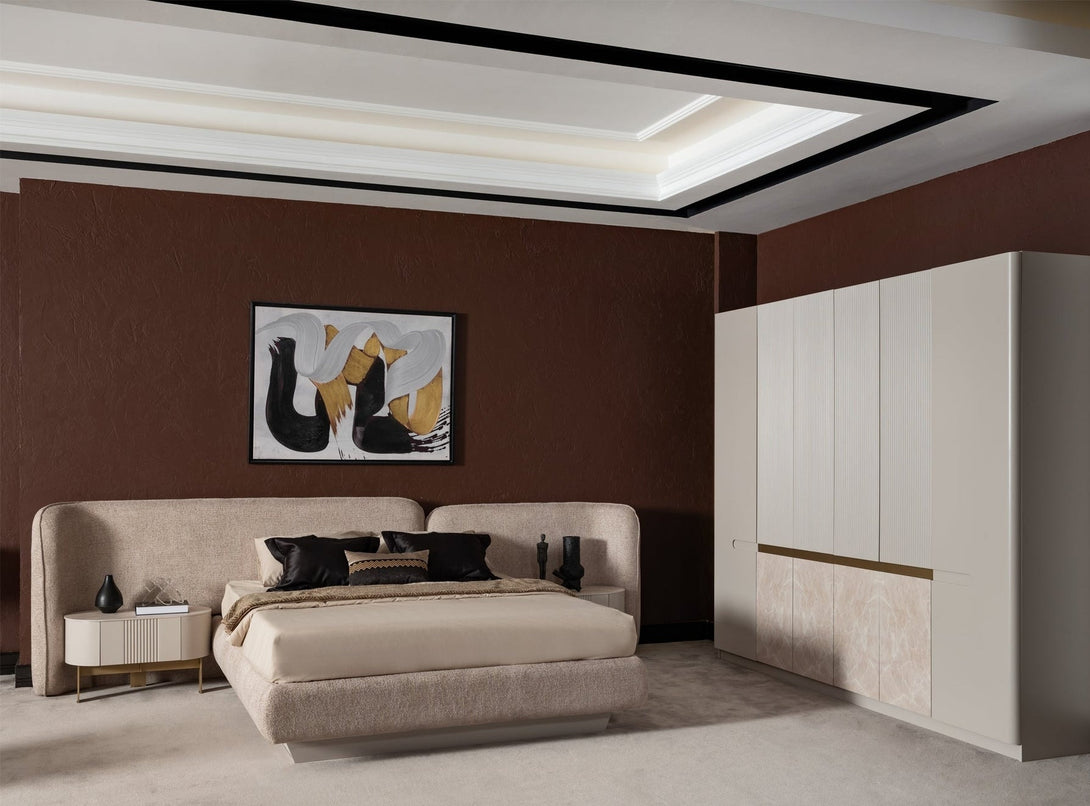 Portoa European Platform Bed with a solid wooden frame and luxurious upholstered headboard