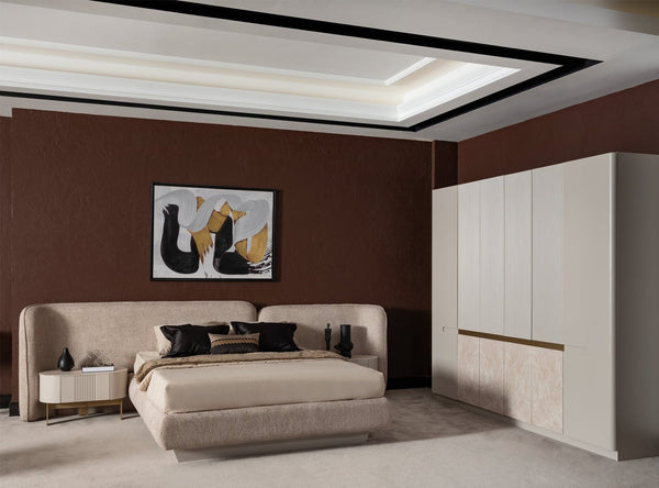 Portoa European Platform Bed with a solid wooden frame and luxurious upholstered headboard