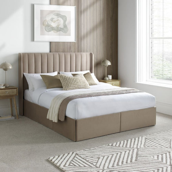 Reid Warm Stone Velvet Bed with a plush padded headboard