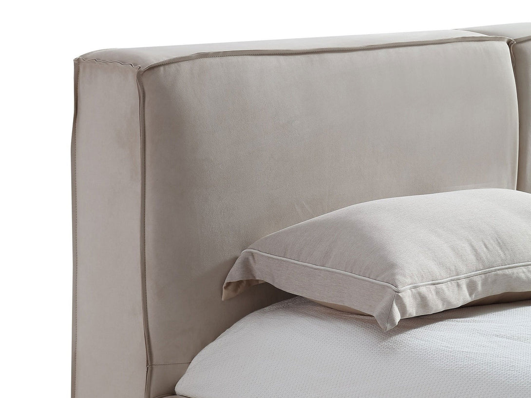 Serene Platform Bed with sleek wooden frame and upholstered headboard for modern bedrooms.