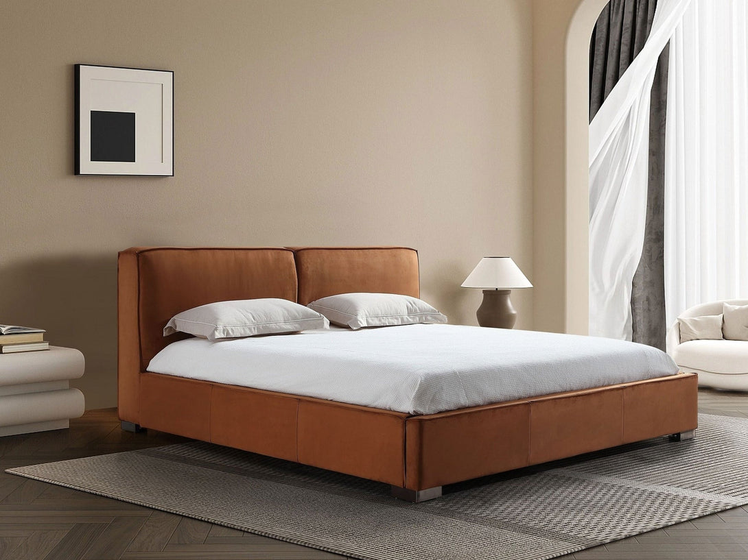 Serene Platform Bed with sleek wooden frame and upholstered headboard for modern bedrooms.