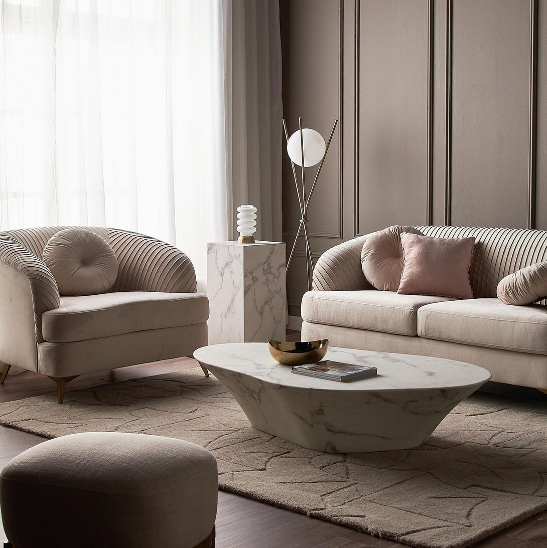 Solis Velvet Sofa Set with plush velvet upholstery, cushioned seating, and elegant design.