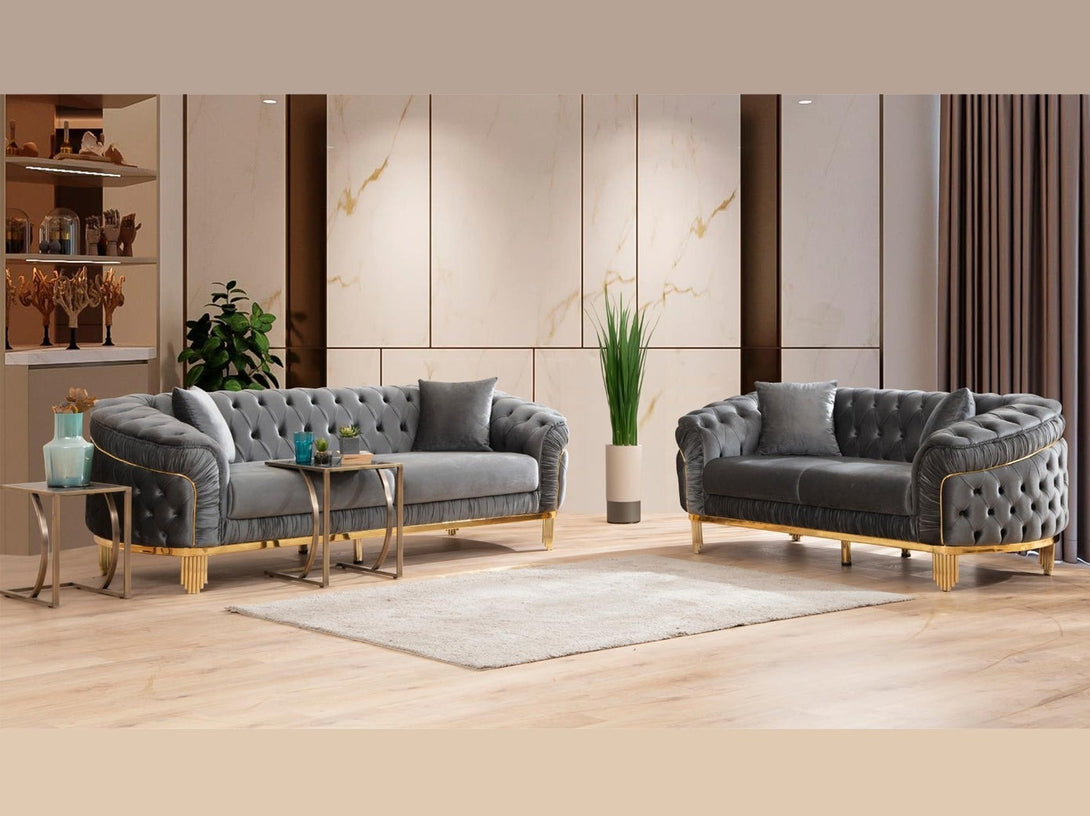 Vanessa Living Room Sofa Set with sleek modern design, wooden frame, and plush cushions.