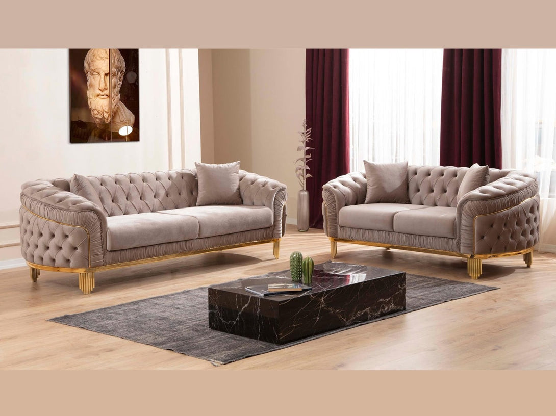 Vanessa Living Room Sofa Set with sleek modern design, wooden frame, and plush cushions.