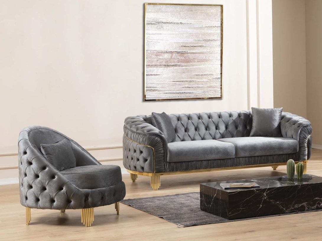 Vanessa Living Room Sofa Set with sleek modern design, wooden frame, and plush cushions.