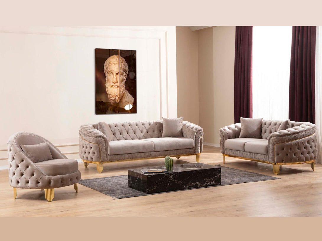 Vanessa Living Room Sofa Set with sleek modern design, wooden frame, and plush cushions.