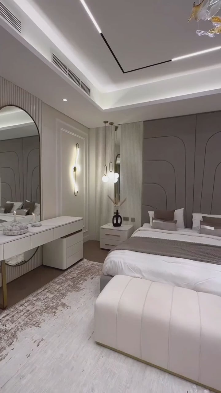 Lincoln Bed with headboard design and matching dressing set for a stylish bedroom.